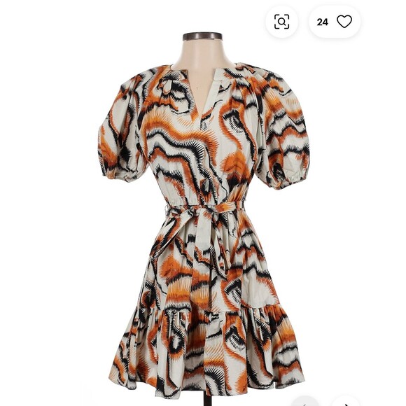 NWT Willa Story Orange Black Dress Sz XS Puff Sleeve Cotton Full Skirt Whimsical - Picture 2 of 9